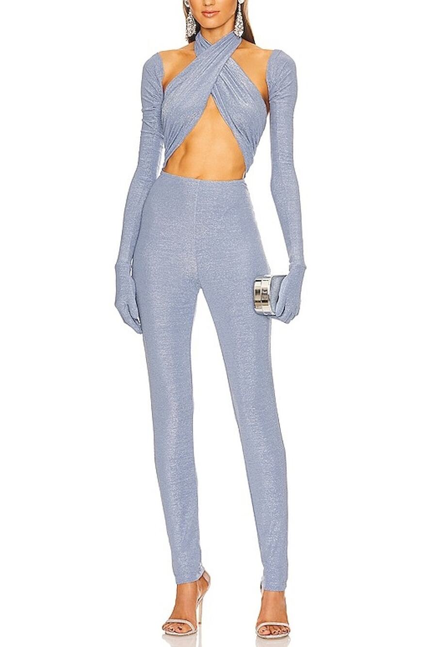 Kim Shui Glitter Blue Wrap Cutout Jumpsuit Size S